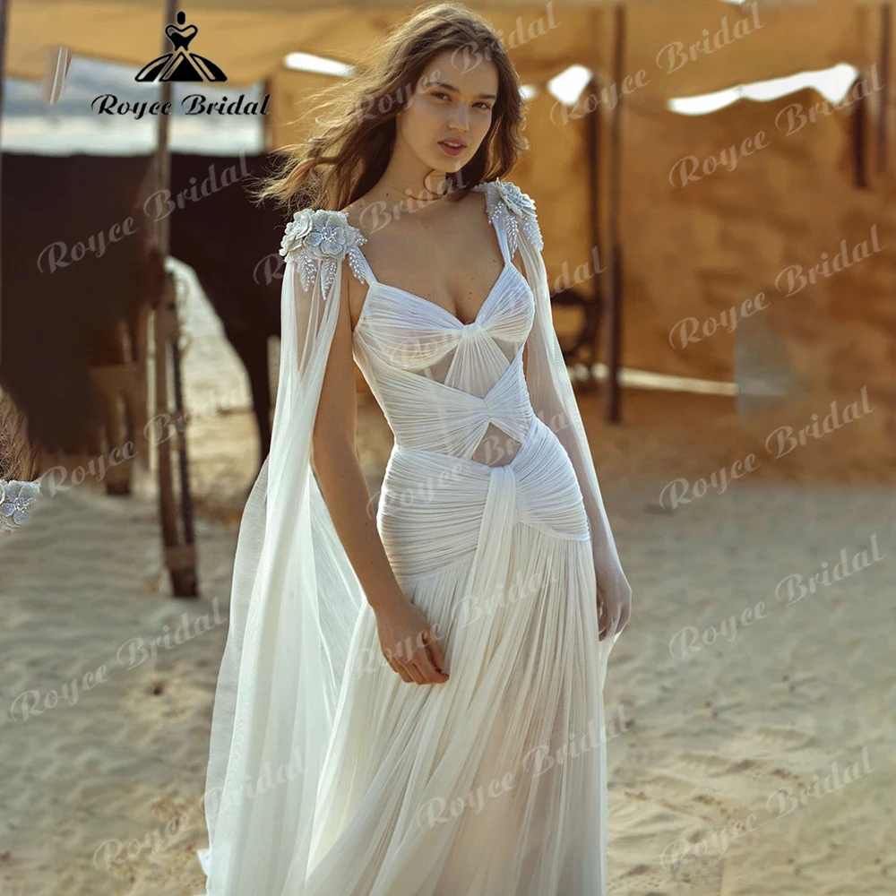 Chiffon A-Line Wedding Dress with Cape Sleeves 3D Floral Appliqués Sheer Mesh Cutouts Customizable Bohemian Bridal Gown