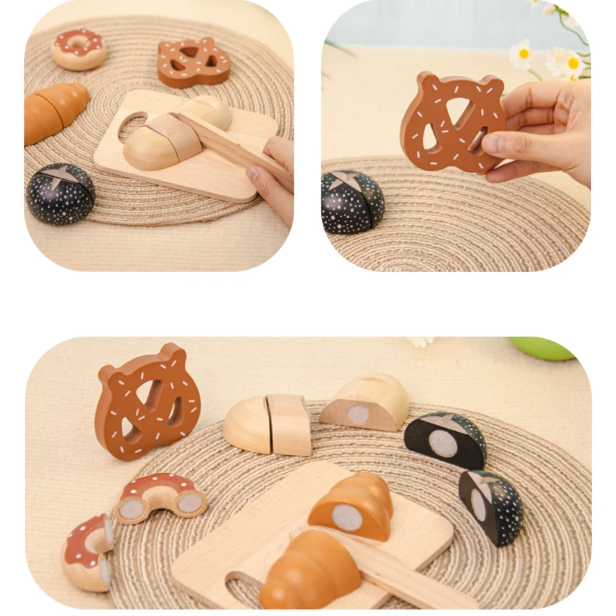 木製プレイフードセット 子供用 キッチンシミュレーション パンカットゲーム ごっこ遊び 早期教育 認知玩具 男の子 女の子用