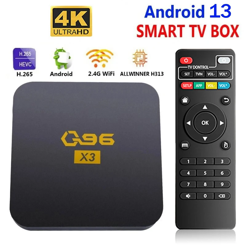 

Q96 X3 Home Theater Smart TV Box Set Top Box Android 13 Allwinner H313 HDR 4K UHD 2.4G WiFi 8GB 128GB TV Box