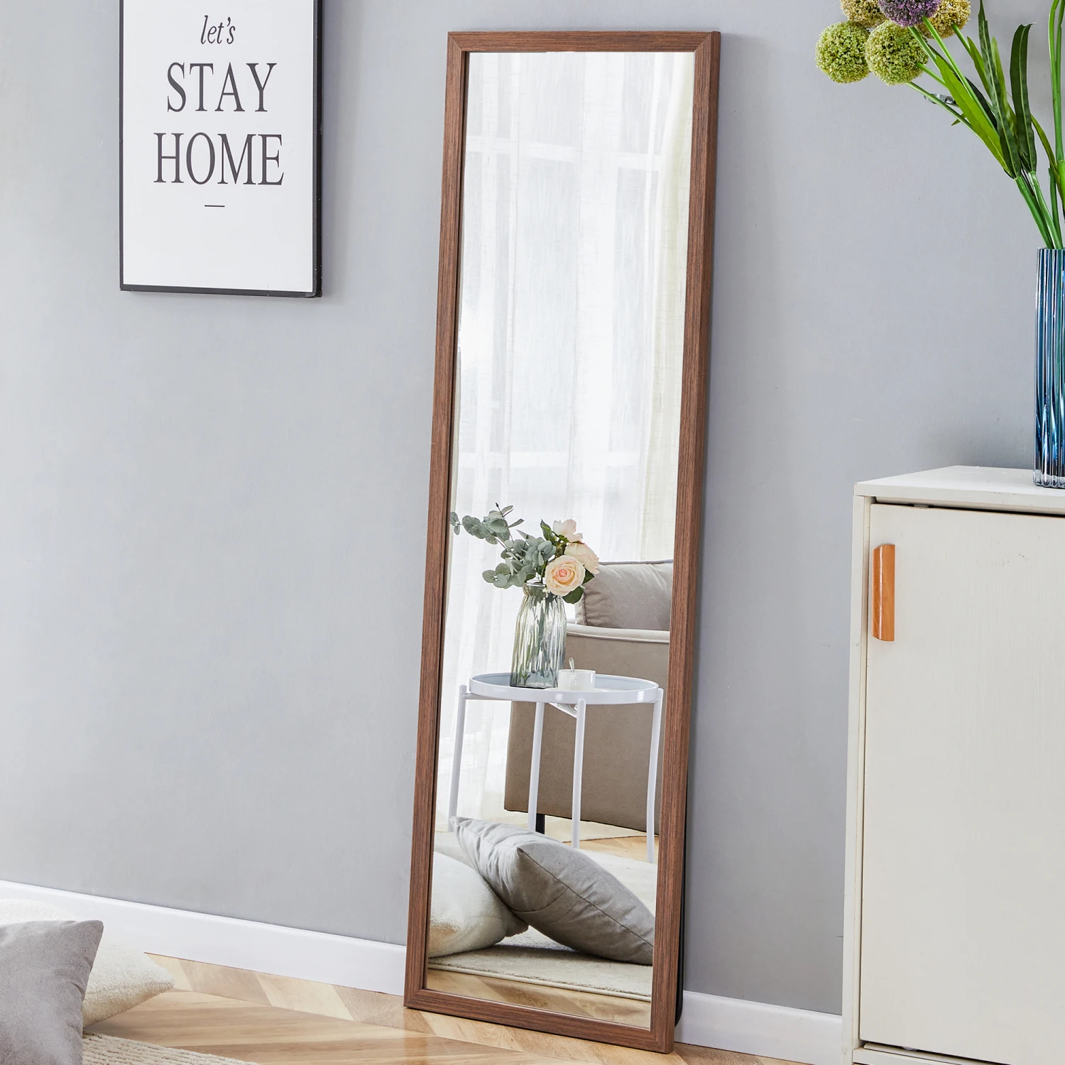 Third generation packaging upgrade, thickened border, brown wood grain solid wood frame full length mirror, dressing mirror, bed