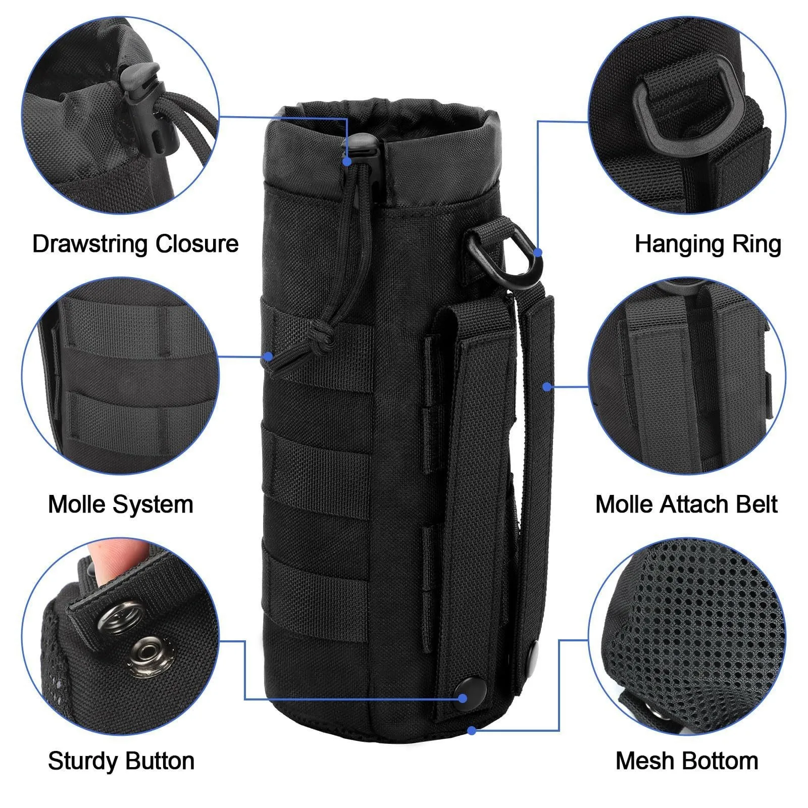 Tactical MOLLE Bottle Pouch Bag Travel Sprots Molle Water Bottle Holder with Drawstring Open Top and Mesh Bottom
