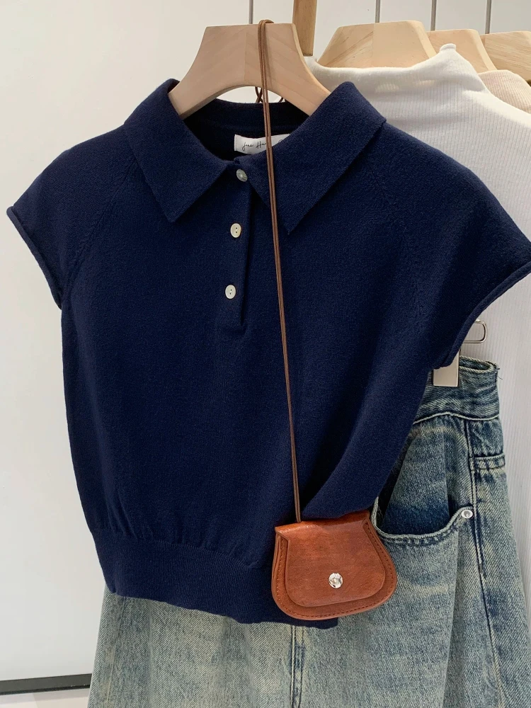 Polo Collar Cap Sleeve Knit Tee for Women Solid Grey Half Front Buttons Stretchy Lightweight Casual Summer Short Sleeve T Shirt