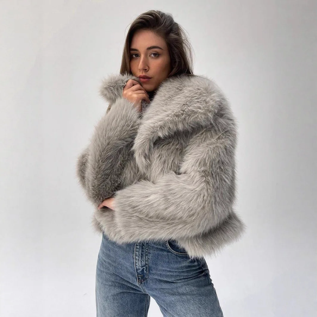 Faux Fur Coat Women Short Jacket Solid Turn Down Collar Long Sleeves Open Stitch Loose Fit Thick Office Lady Casual 2025 Winter