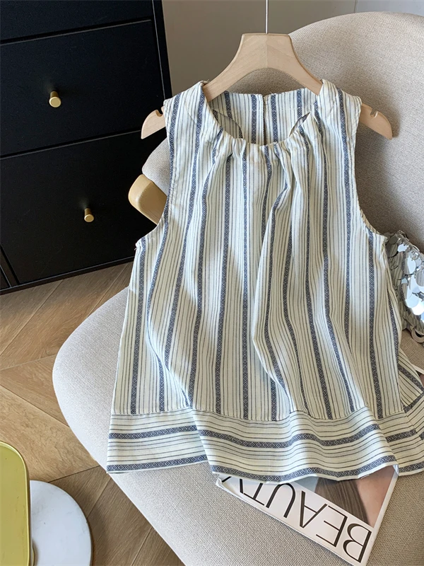 Gilet rétro rayé en coton et lin pour femmes, poupée Svel ample, haut irt, grande taille, tendance, été