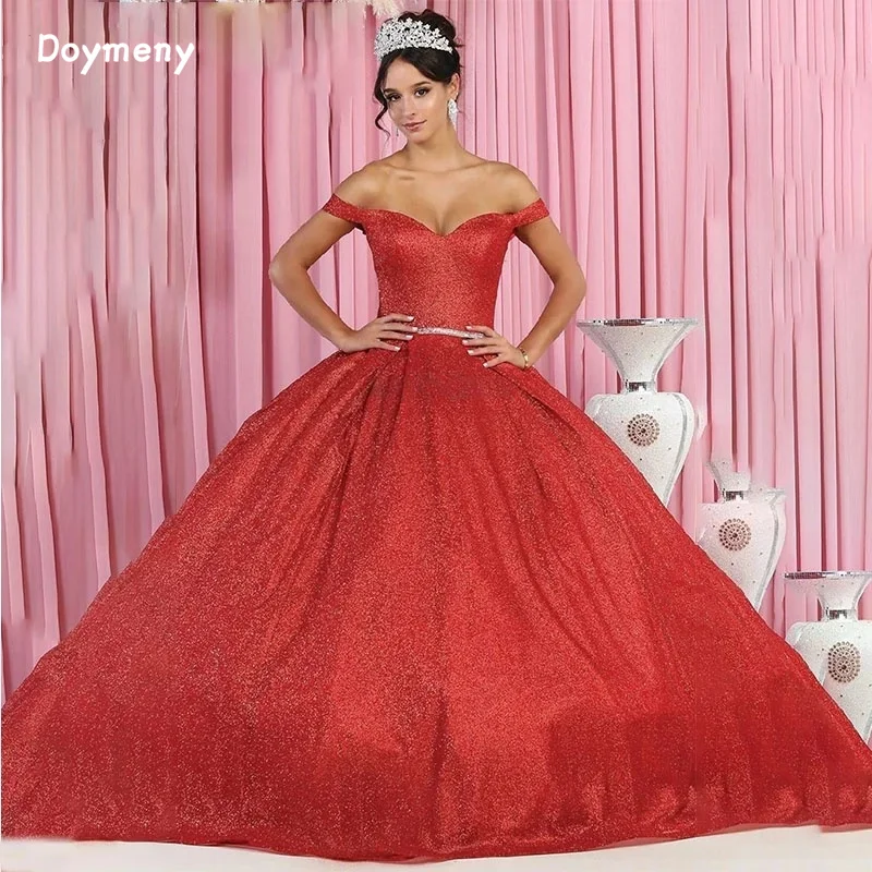 Doymeny-Vestidos Quinceanera Lantejoulas, Fora do Ombro, Até o Chão, Doce Vestido Princesa de 16 Anos, Faixa de Contas, 15 Anos