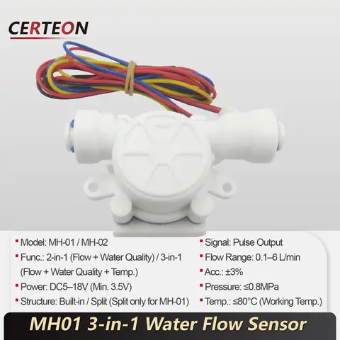 Sensor de Flujo de Agua TDS Flujo Temperatura MH‑01 MH‑02 Efecto Hall Conexión Rápida 1/4″ 3/8″ para Purificadores RO Hogar Inteligente