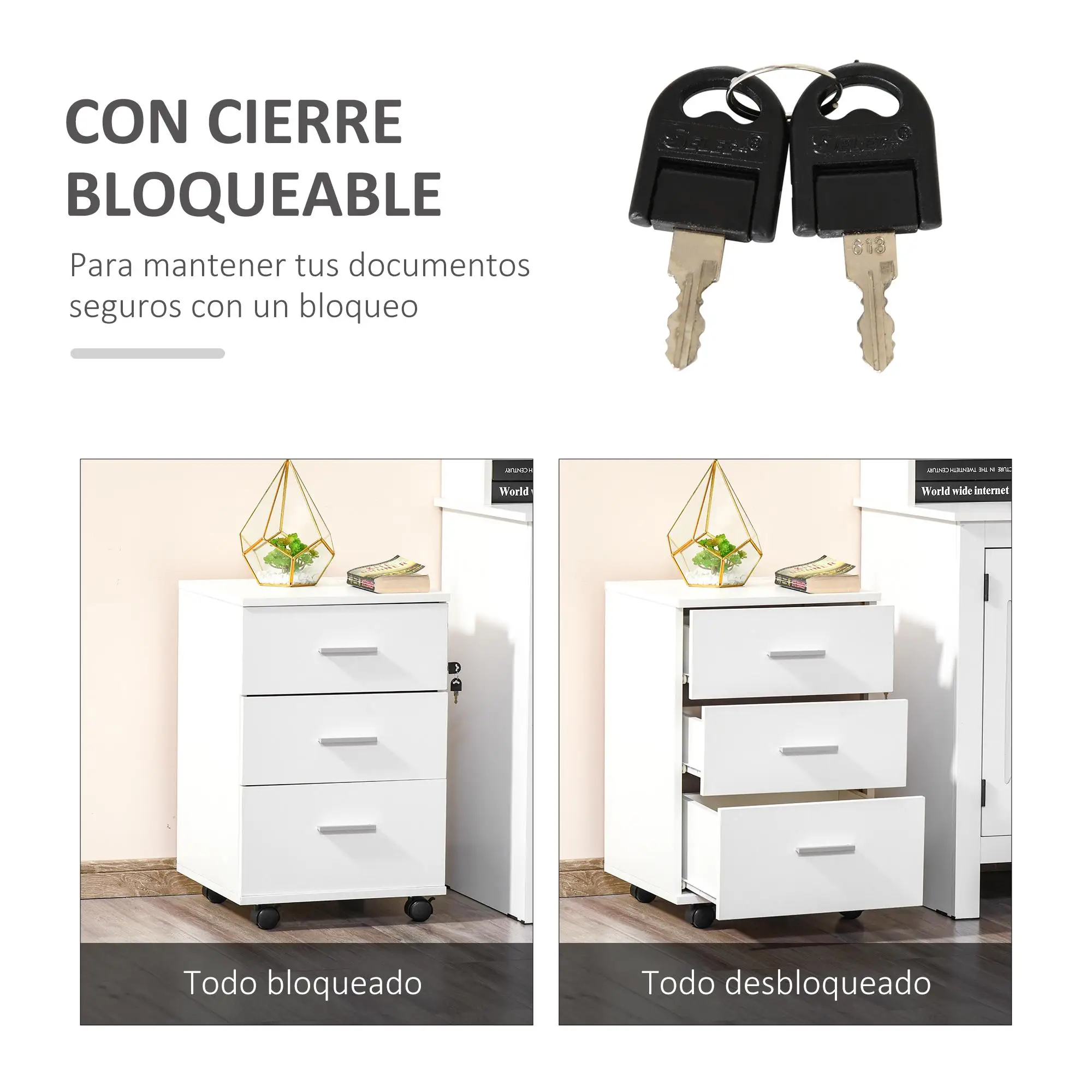 Petite armoire à dossiers 3 compartiments en mélamine blanche dimensions 40x40x61,5 cm avec 4 roulettes et serrure pour rangement bureau et maison