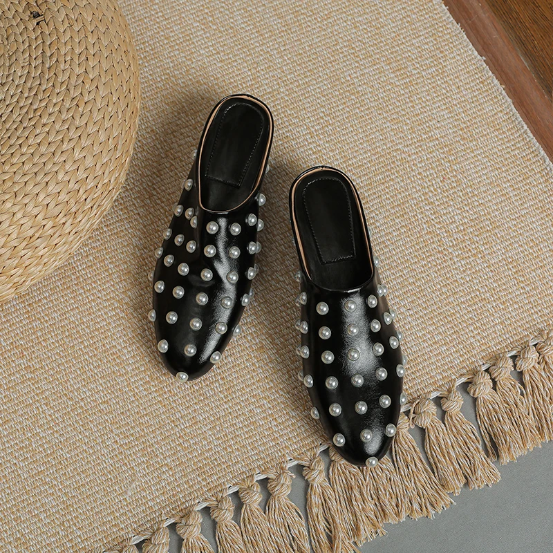 Women's Shoes 2024 Summer Qulaity Genuine Leather Med Heels Open Toe Black Apricot Rivets Dress Casual Lady Sandals Shoes Women