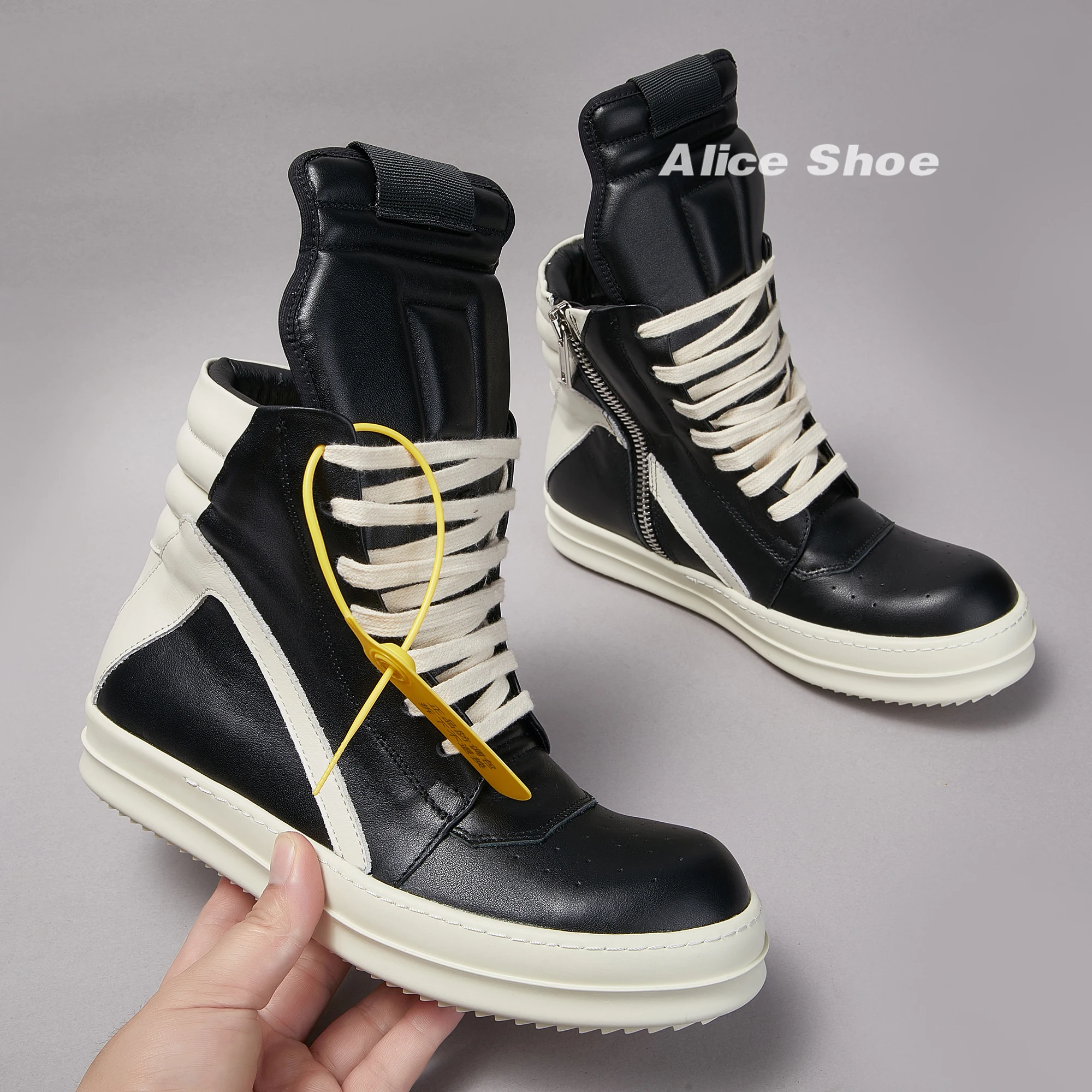 Brand Men Shoe Casual Women Sneaker Leather Lace-up Geobasket Ow-en Black Zip Ankle Boot Designer High Top Quality Flat Shoe