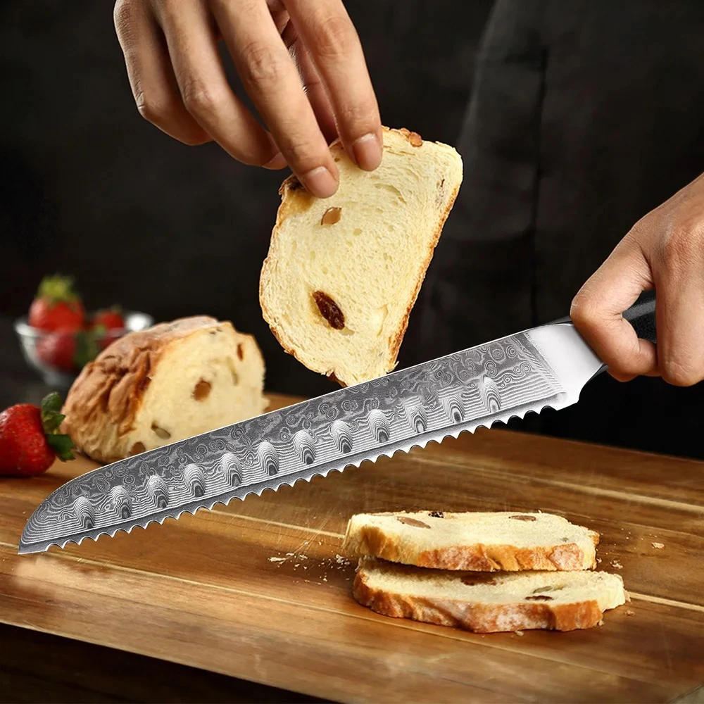 Bread Knife Damascus Steel Utility Knife Cheese Cake Baking Serrated Knife Slicing  Cooking Tools Food Knife Kitchen Stuff