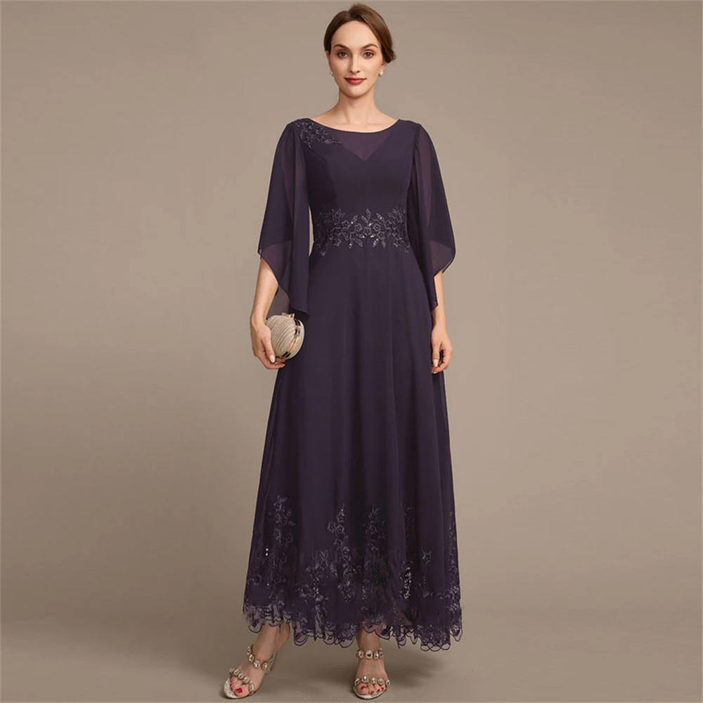 

New 2024 Retro Mother Of The Bride elegant Sequined Lace Dress A-line Crew Asymmetrical Chiffon Lace Formal Dresses