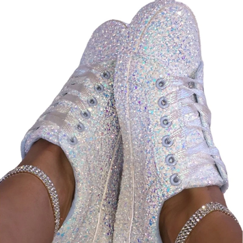 Women Lace Up Sneakers Glitter Summer Flats Vulcanized Shoes Ladies Bling Casual Female Fashion Platform Shoe Zapatos De Mujer