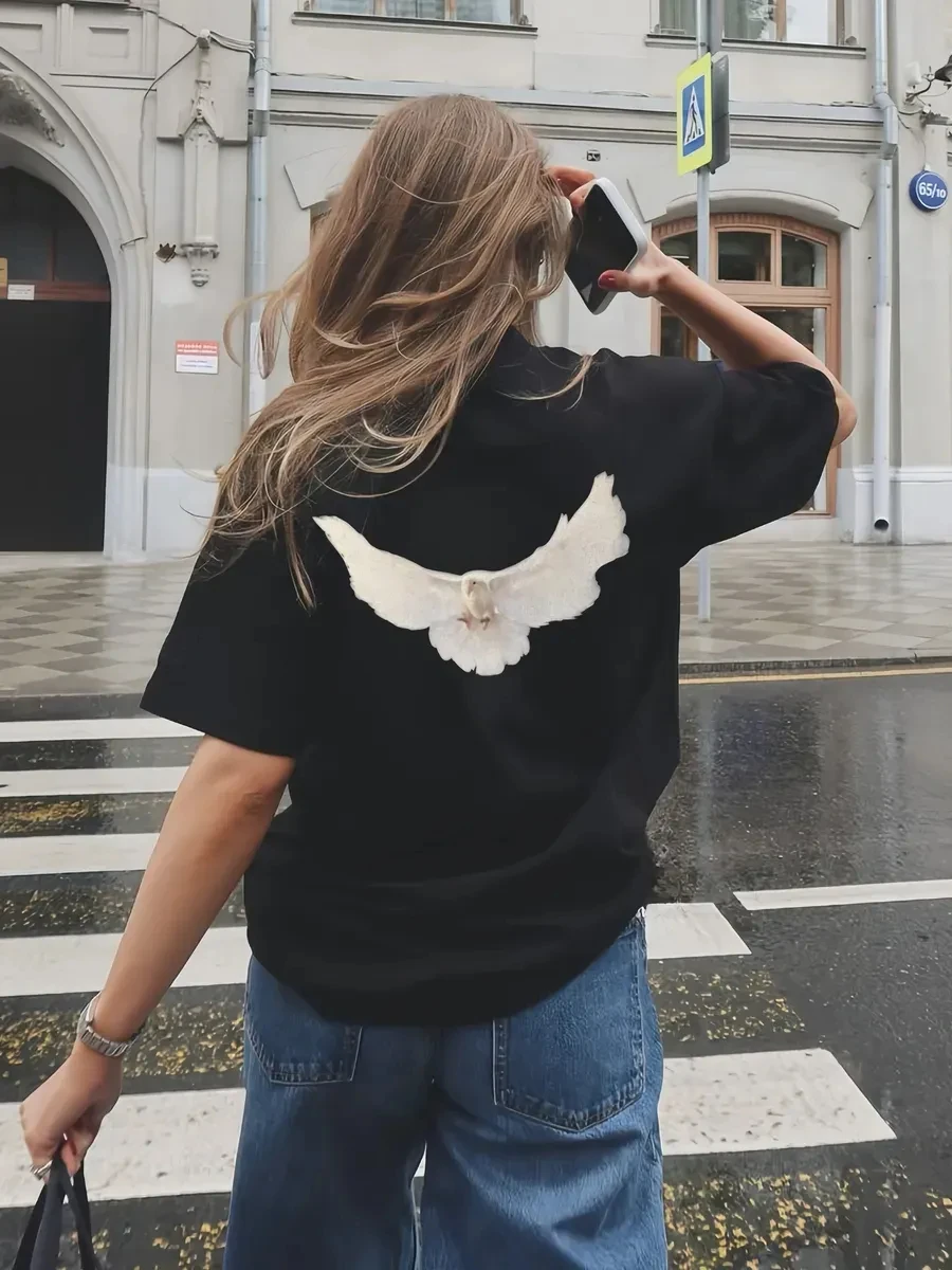 Women Oversized Black T-Shirt Dove Graphic Back Print Streetwear Harajuku Casual Loose Short Sleeve Y2K Summer Tops