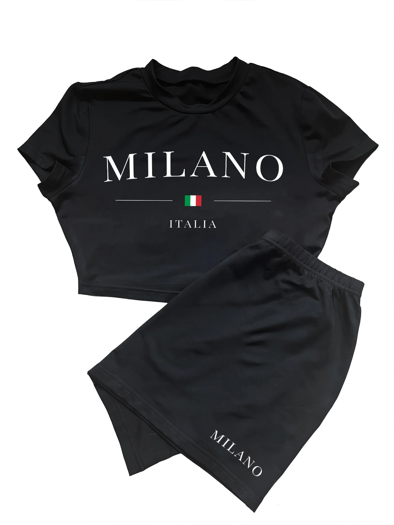 Italia Milano Milan Letter Print Two Piece Set, Short Sleeve Round Neck T-shirt & Skirts, Women\'s Clothing