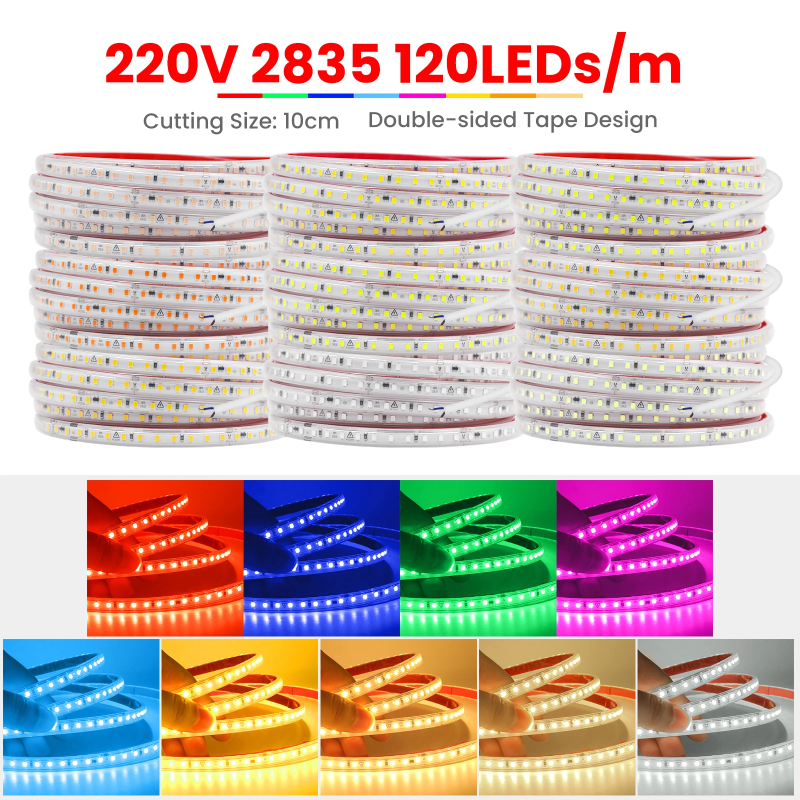 

9 Colors LED Strip Lights 220V 2835 120LEDs/m Waterproof Home Lamp Strip 3000K 4000K 6000K Red Green Ice Blue Green Yellow Light