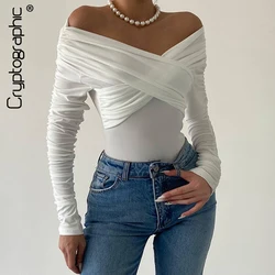 Cryptografische mode ruches sexy backless wrap bodysuit elegant off-shoulder slanke witte tops met lange mouwen eendelig skinny herfst