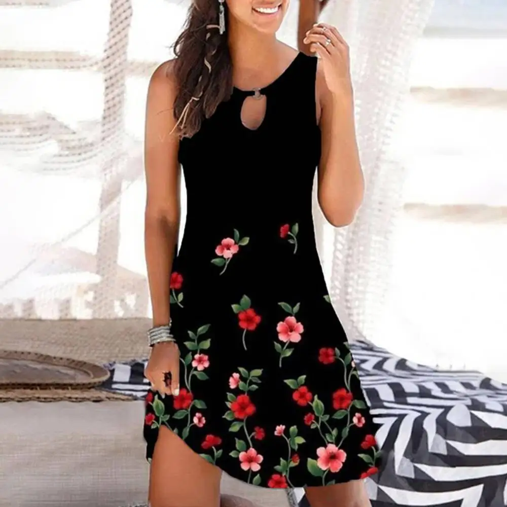 Women Sexy Strappy Sleeve Floral Round Neck A-Line Shirt Midi Dress Beach Summer Holiday