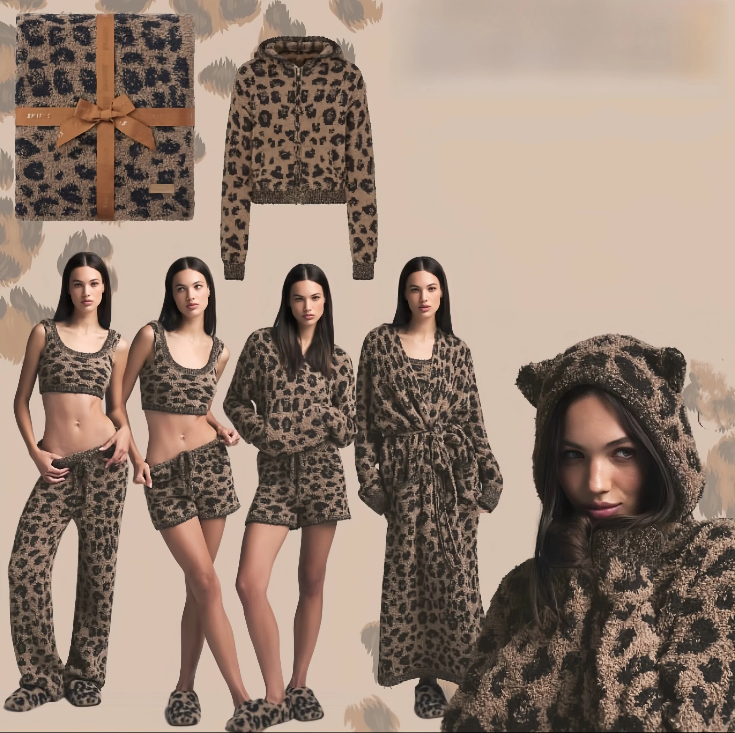 

Комплект домашней одежды Cisas: вязаная шапка с леопардовым принтом, пальто, длинные брюки, жилет, спортивные шорты. Женский повседневный зимний комплект...