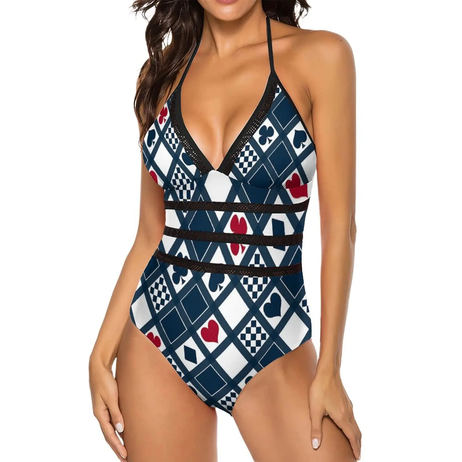 Playing Cards Swimsuit Sexy Hearts Crosses Clubs Backless Swimwear One Piece Stylish Bodysuit Sport Push Up Beachwear