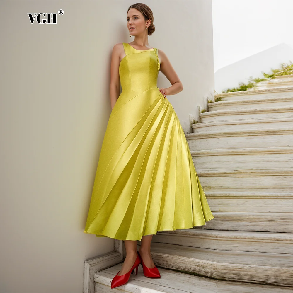 

VGH Elegant Solid Pleated Dresses For Women Diagonal Collar Sleeveless Backless High Waist Temperament Evening Dress Female New