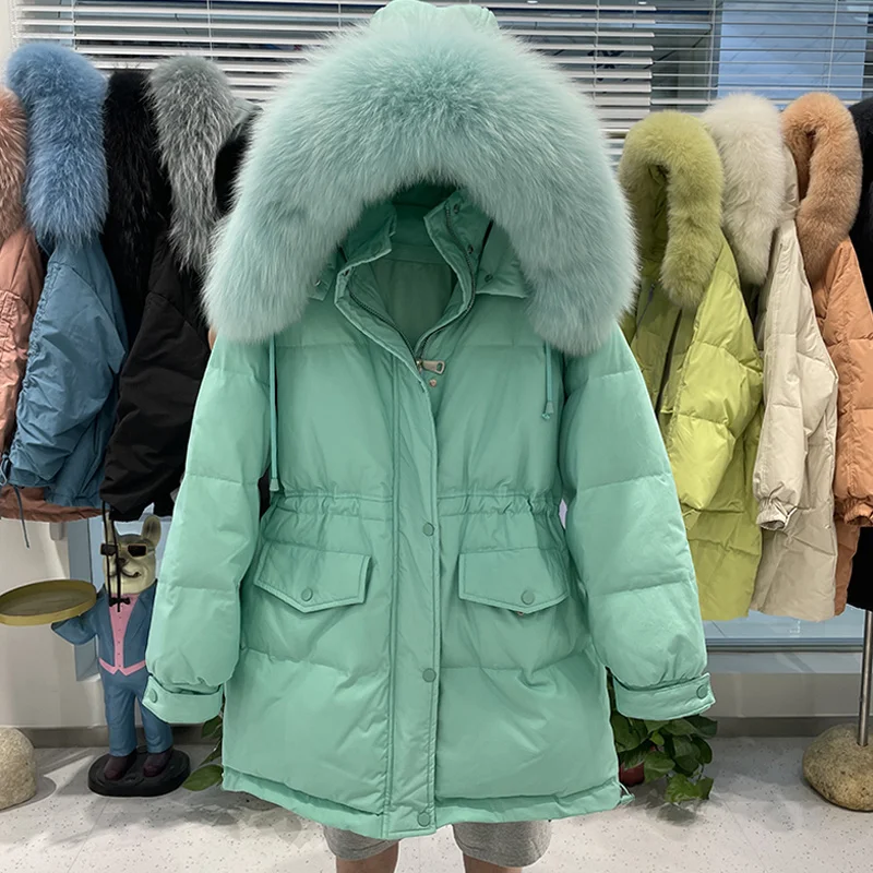 

Thick 2023 Winter New Korean Coat White Duck Down Candy Color Down Jacket Women Real Fur Hooded Coat Womens Fall Jackets