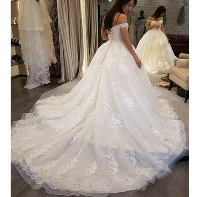 تخصيص قبالة الكتف الدانتيل يزين فساتين الزفاف Vestidos De Casamento الكنيسة خمر مشد الظهر ثوب الزفاف