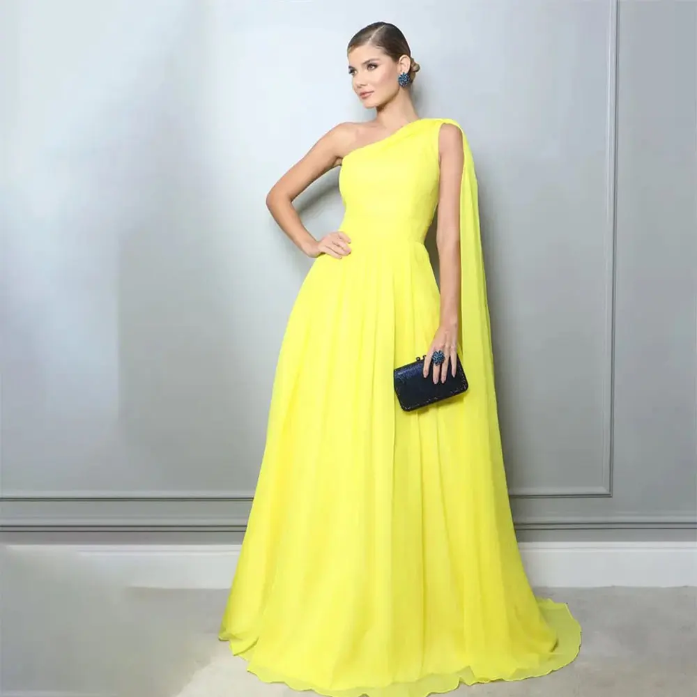 

Yellow Chiffon Evening Gowns One Shoulder Sleeve Shawl Women A-line Prom Dress vestidos de fiesta elegantes para mujer vestidos