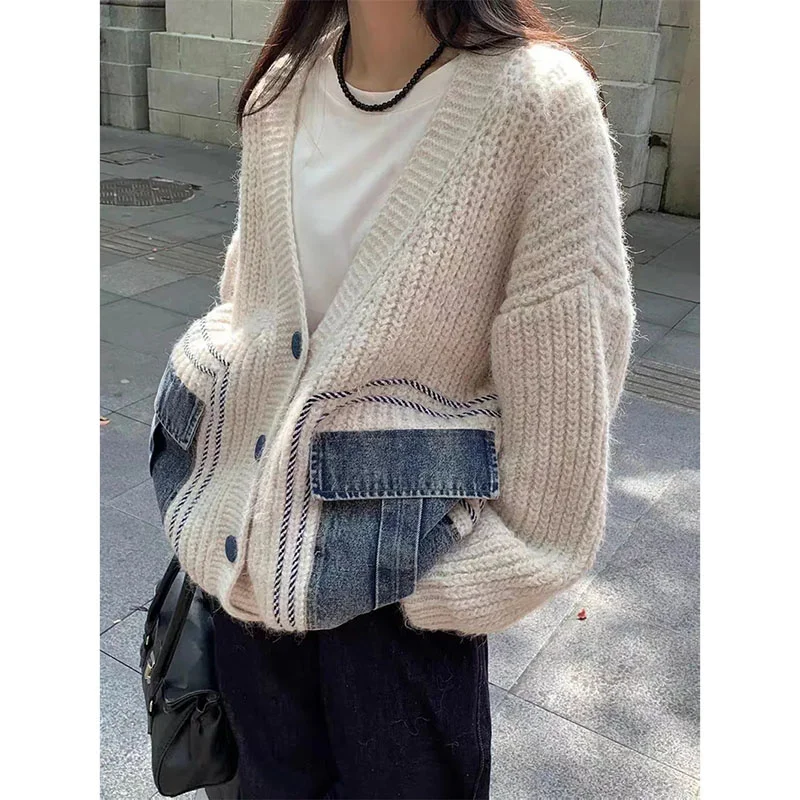 Spring Autumn Loose Knitwear Jacket Women New Knitted Sweater Cardigan Coat 2024 Female Retro Fashion Denim Stitching Outwear