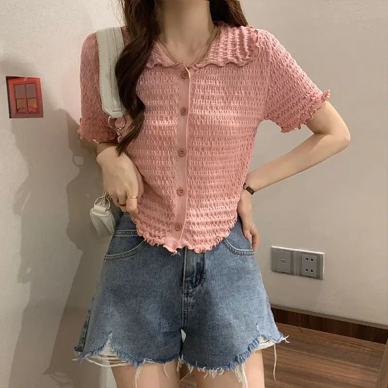 

Fashion collar ice silk knitted cardigan women's summer new Korean style mushroom edge sleeve top