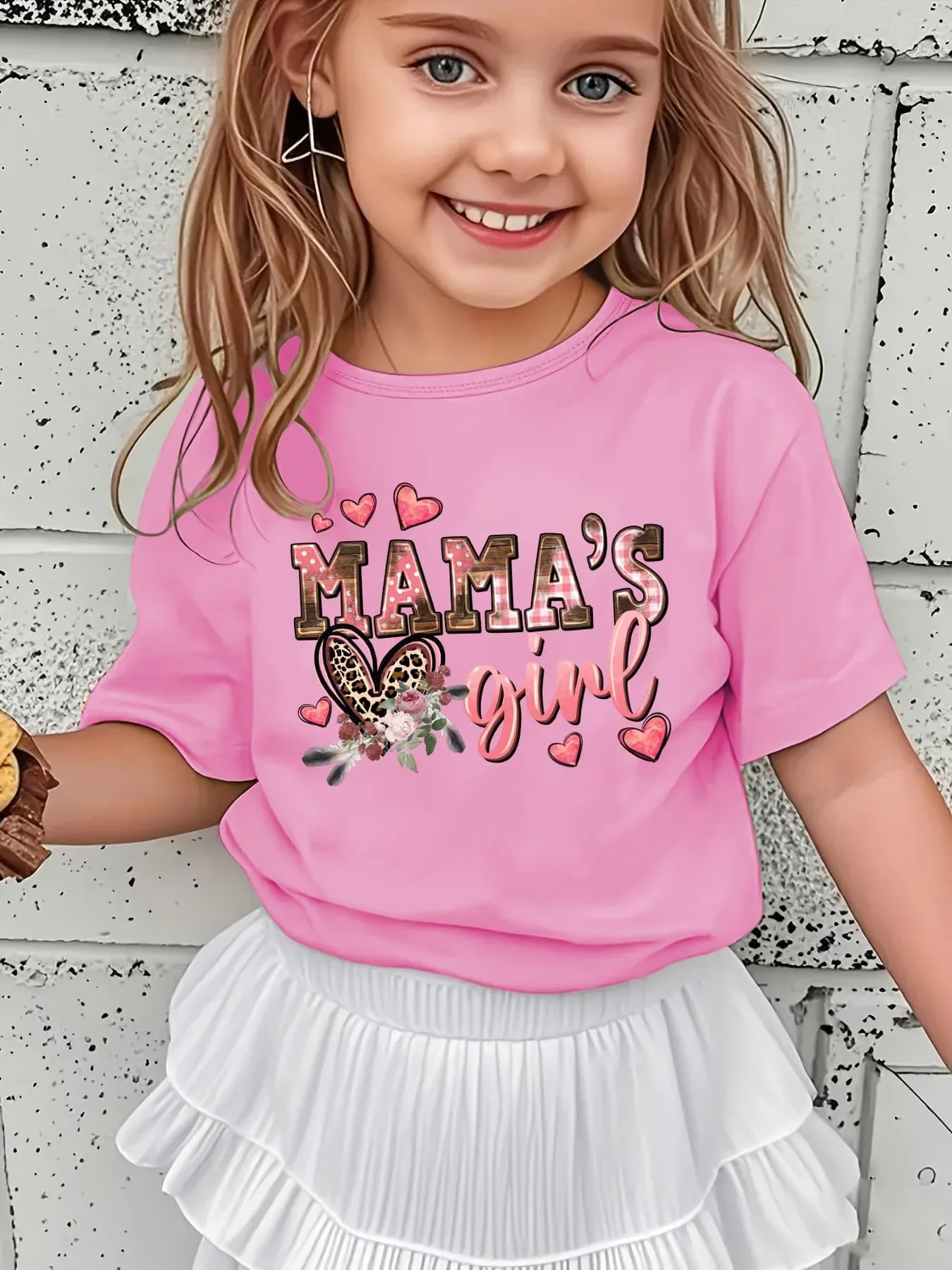 Girls Mamas Girl Graphic T Shirt Leopard Heart Floral Print Short Sleeve Kids Casual Cute Daily Wear Top