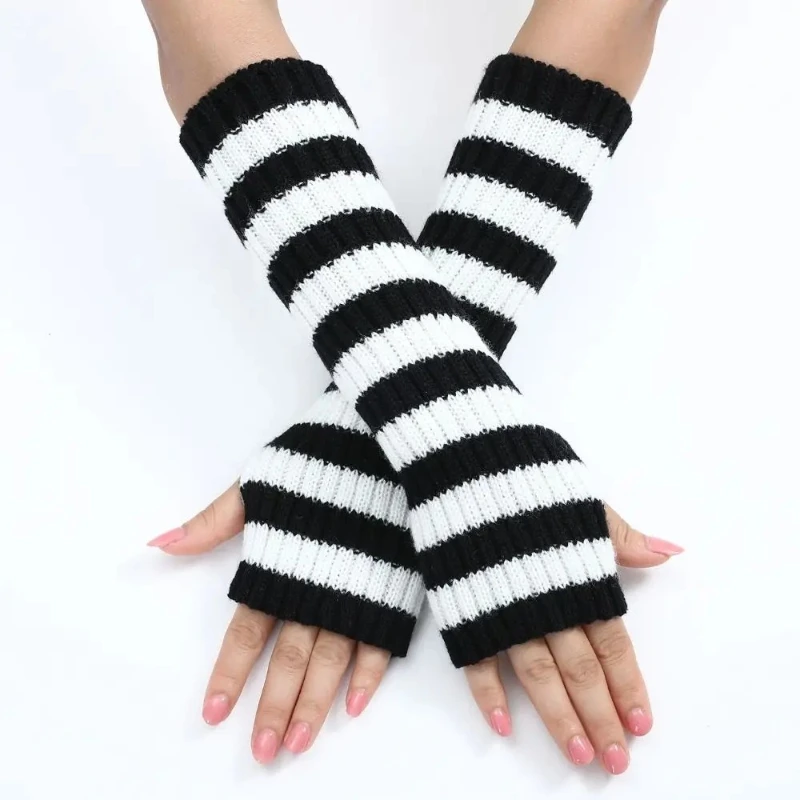Knitted Arm Warm Gloves Punk Stripe Half Finger Ankle Wrist Sleeves False Sleeves Arm Warmers Elbow Mittens Autumn Winter