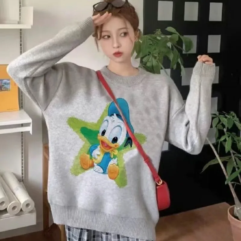 Cartoon Donald Duck Sweater Women Autumn/Winter New Donald Duck Pattern Round Neck Knitted Tops Casual Pullover Y2k Clothes 2025