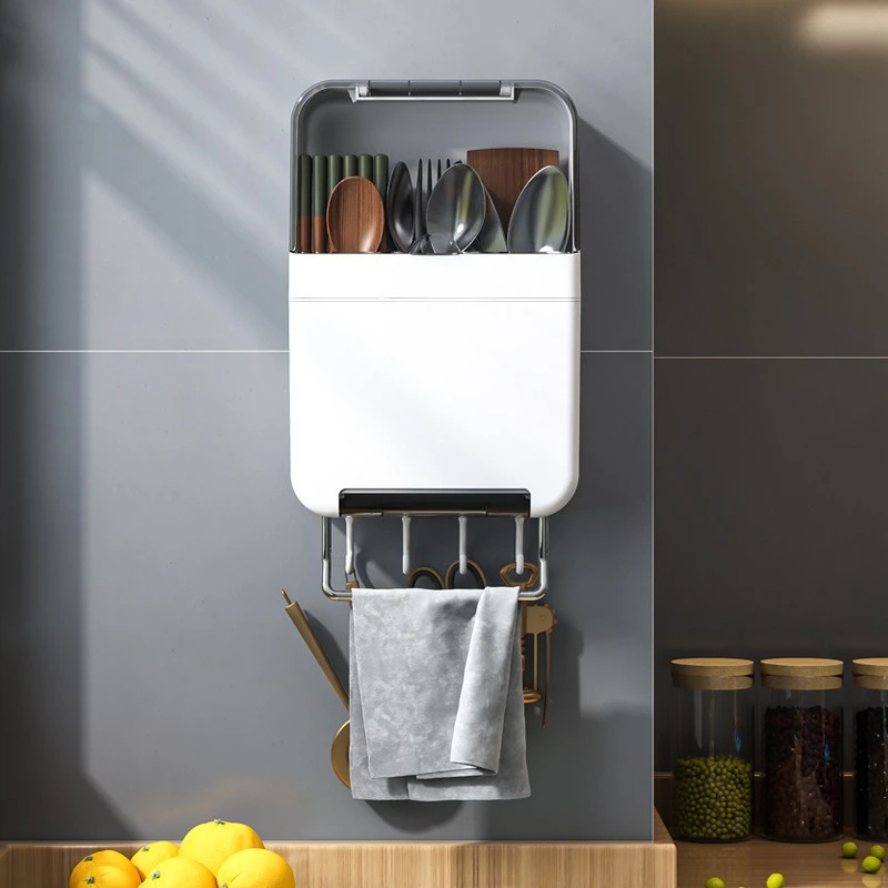 Wall Mount No Drill Chopstick Basket with Lid, Dust-proof Kitchen Utensil Storage Holder for Spoons & Chopsticks