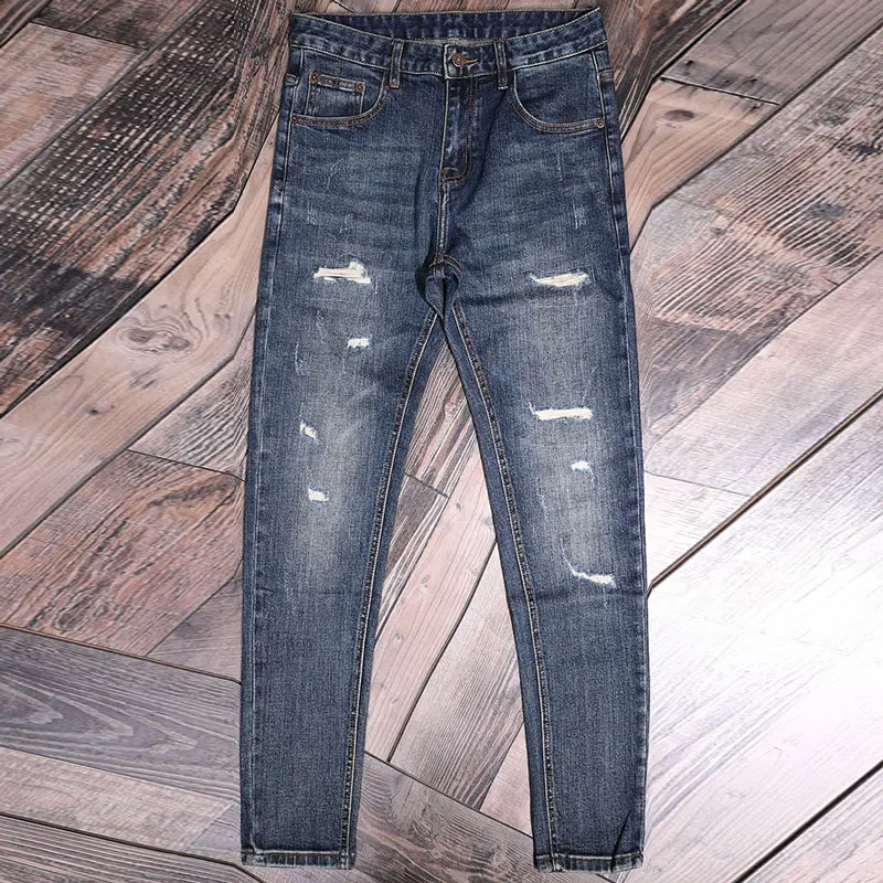 Fashion Streetwear Men Jeans Retro Blue Stretch Slim Fit Ripped Jeans Men Elastic Vintage Designer Denim Pencil Pants Hombre