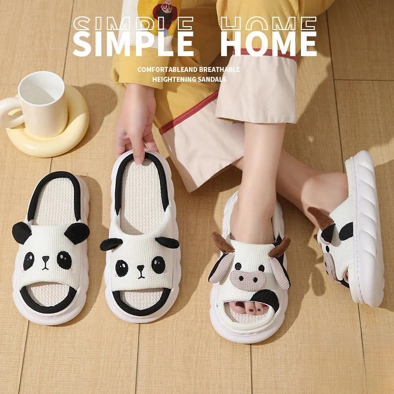 Cute Cartoon Cow Unisex Linen Slippers Spring Summer Slides Mule Men And Women Home Shoes Non-slip Flip Flops For Four Seasons