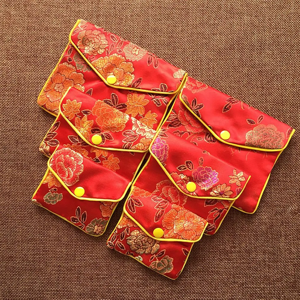 Brocade chino de seda bordado hecho a mano, bolsa de almacenamiento de regalo de joyería pequeña con cremallera acolchada, monedero de satén a