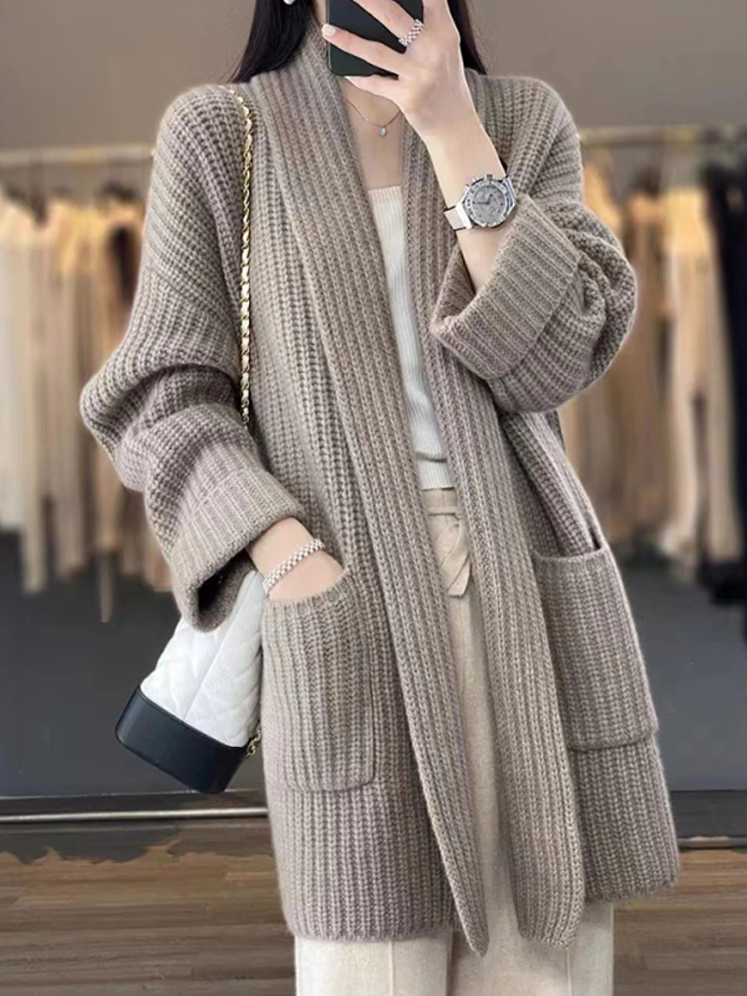 Fashionable Knitted Open Cardigan Women's V-Neck Spring Autumn Loose Pocket Outerwear Shoulder Wrap No Button  Color Swe...