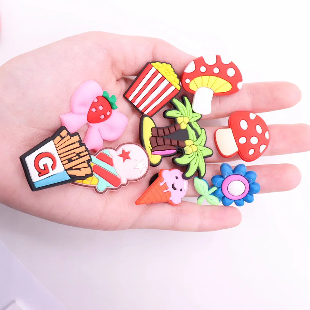 1PCS PVC Shoe Charms Strawberry Popcorn Tomato Fries Ice Cream Coconut Tree Flower Mushroom Buckle Clog Garden Shoes Ornament