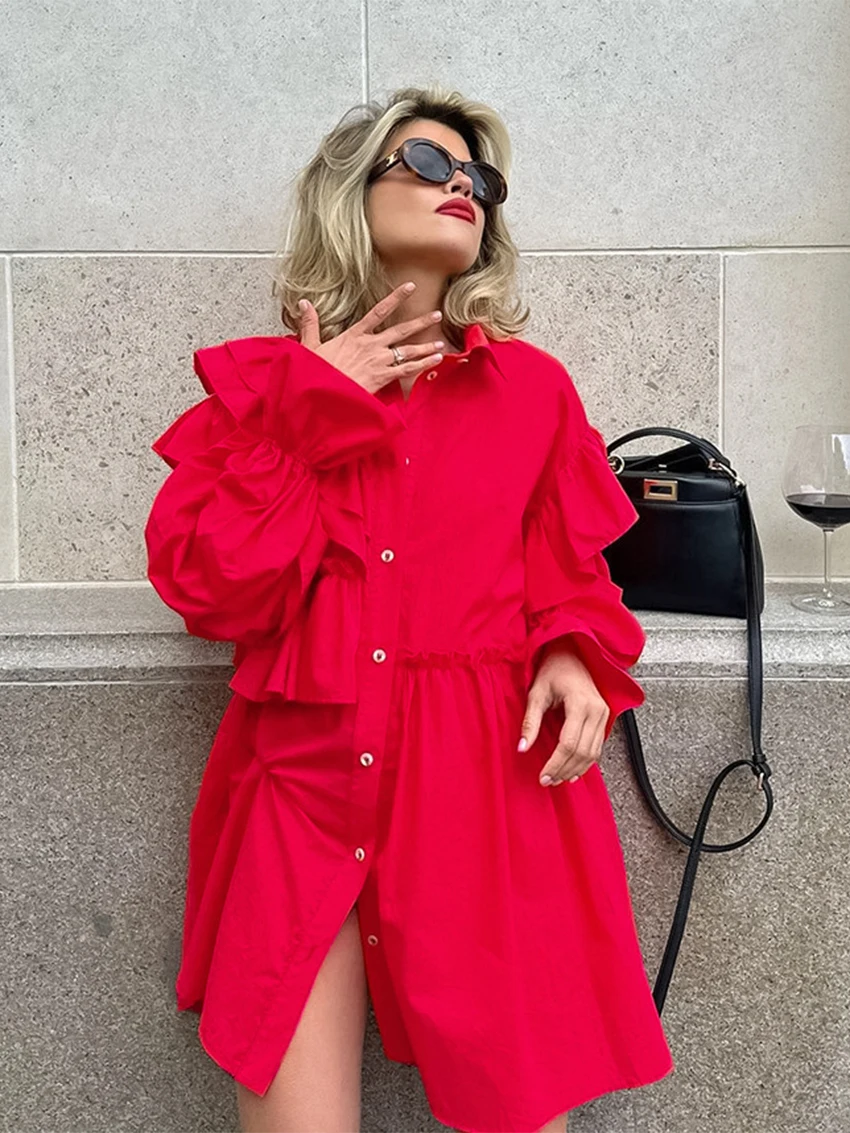 

Parc Fee Fashion Loose Red Cotton Women's Blouse Autumn Lapel Long Sleeve Lady Shirt Elegant Classic Solid Top Female Clothing