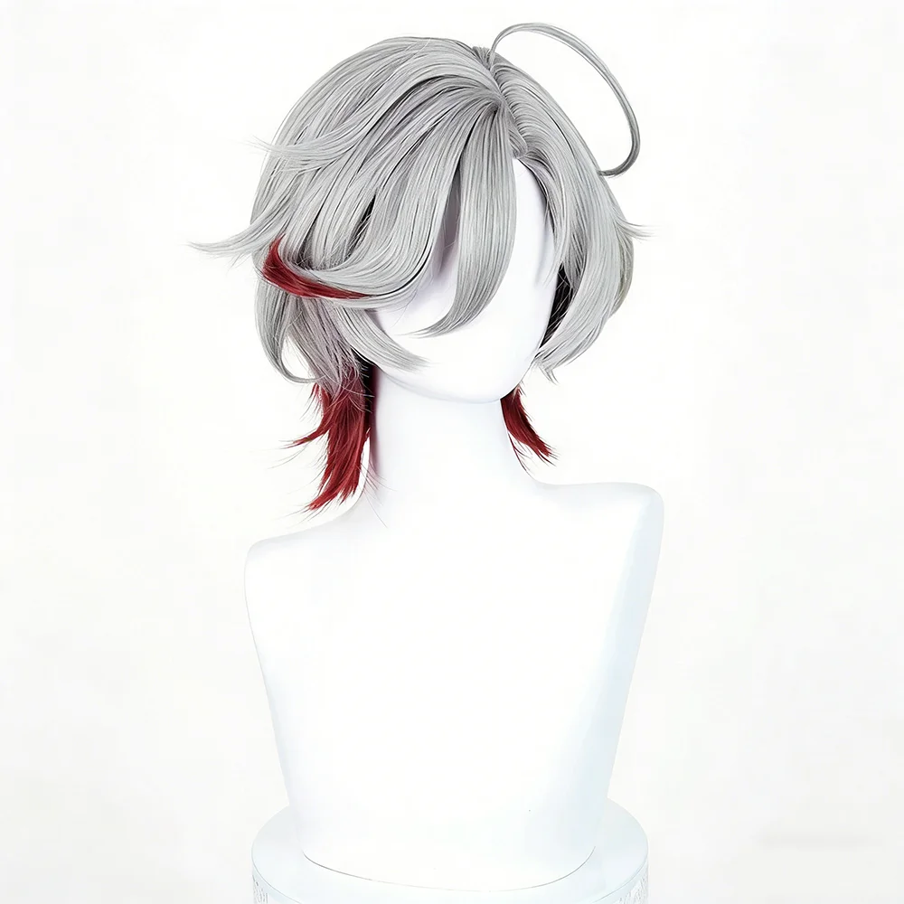 Game Genshin Impact Illuga Cosplay Wig Men Silver Grey Red Mixed Short Hair Heat Resistant Synthetic Wig Halloween Carnival Prop