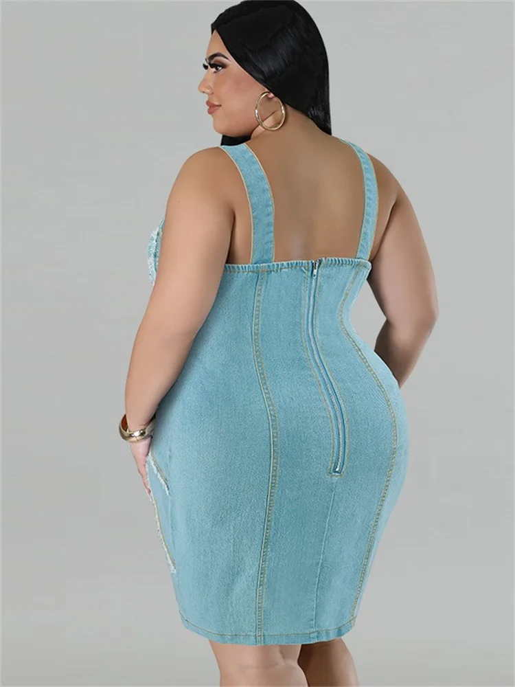 Wmstar-Robe mi-longue en denim pour femme, grande taille, mode décontractée, batterie, fermeture éclair, vente en gros, livraison directe, été 2024