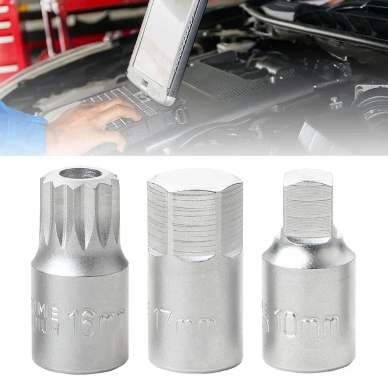 Oil Sump Drain Plug Key Tool Remover Screw Socket 3/8 Hand Tool Silver Screw Disassembly Wrench Socket