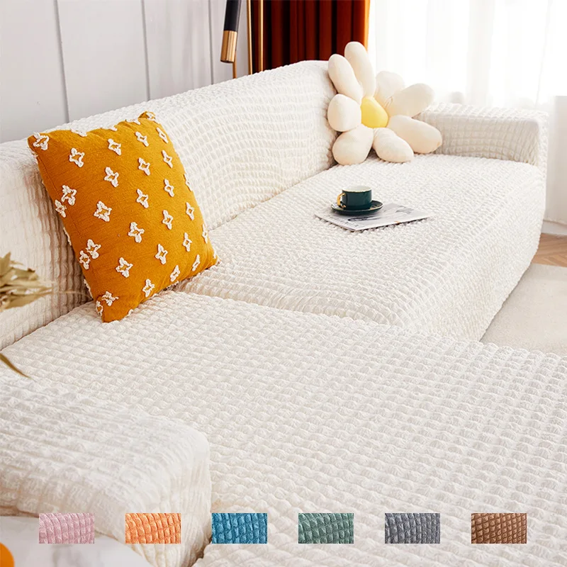 Nordic Solid Seersucker Sofa Cover Soft Elastic Couch Slipcover for 1/2/3/4 Seater Anti-Scratch Stretch Living Room Dust Covers