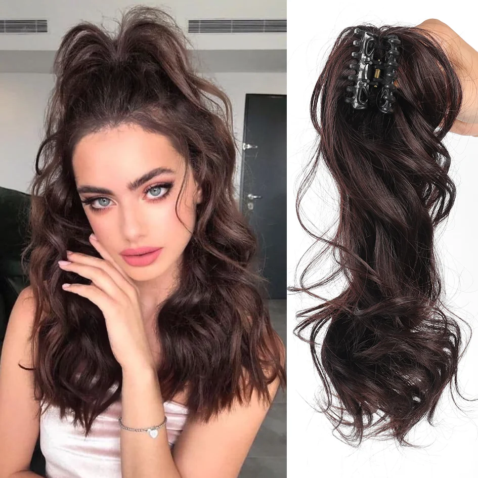 Synthetic 14 inch grab clip fluffy high ponytail, black wig/brown wig, half tied ponytail, hair accessory, daily wear extension