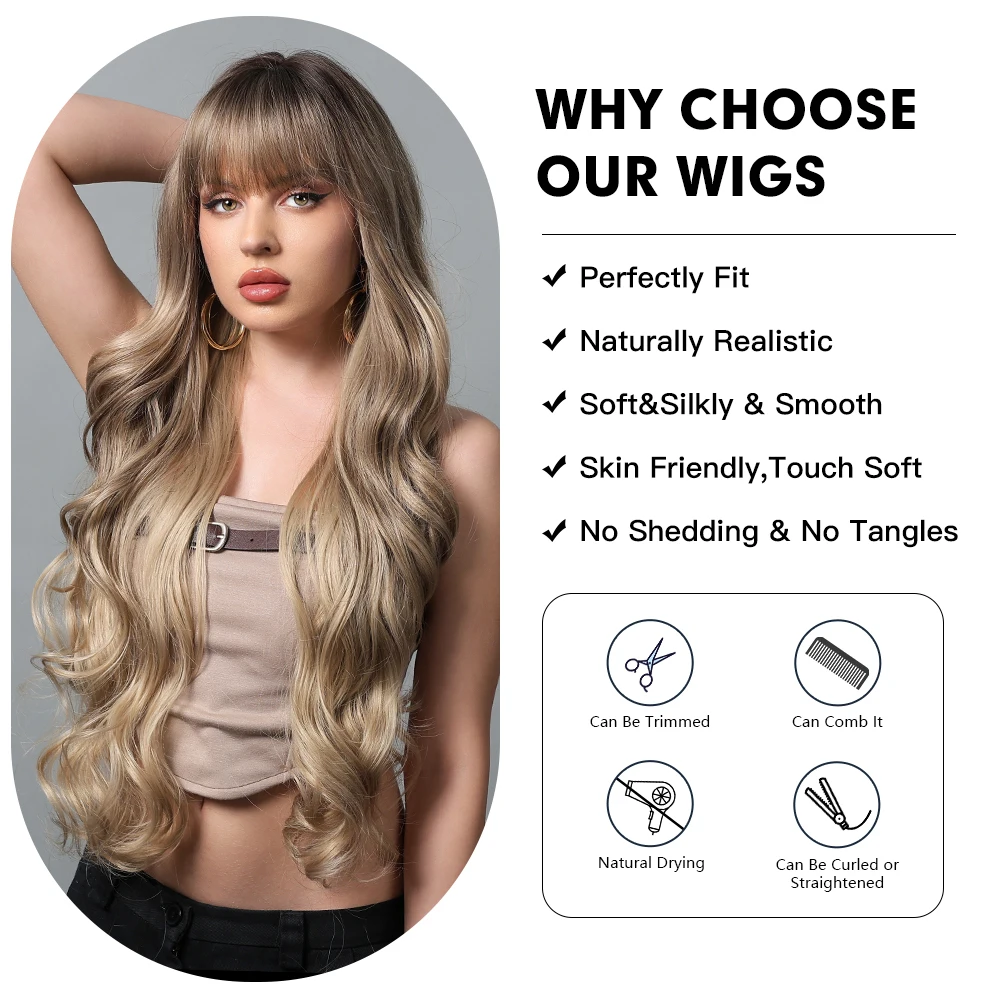 Blonde braune Ombre super lange lockige gewellte synthetische Perücken mit Pony für Frauen Welle tägliche Cosplay Perücke hitze beständiges Natur