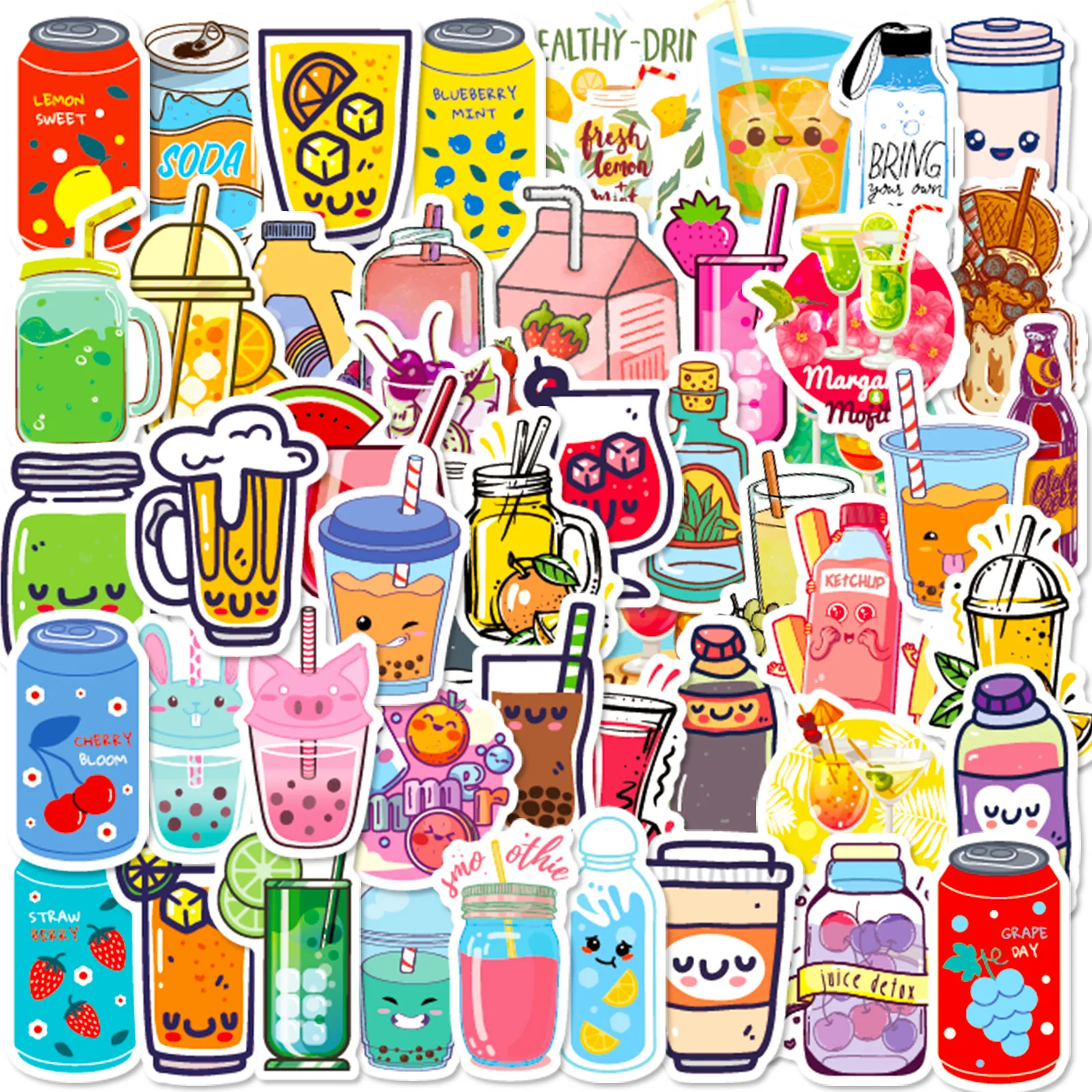 50 pcs/set Various Beverages Cartoon PVC Waterproof Stickers Scrapbooking Diy Journal Stationery Gift Cute Sticker Gift Prizes