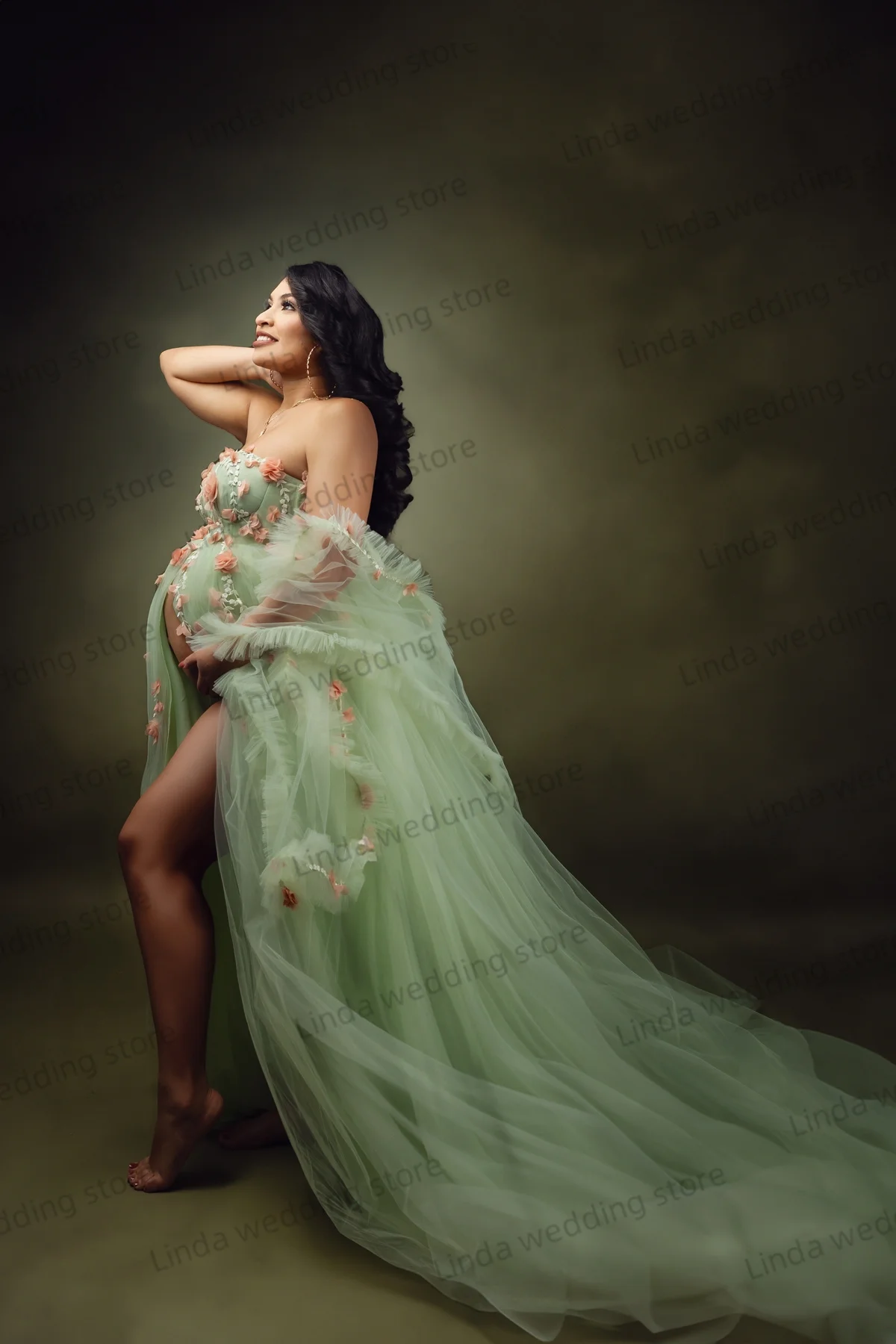 Pretty Green Maternity Dresses Off The Shoulder Prom Party Dresses 3D Flowers Appliques Pregnant Woman Gowns for Photoshoot image 4