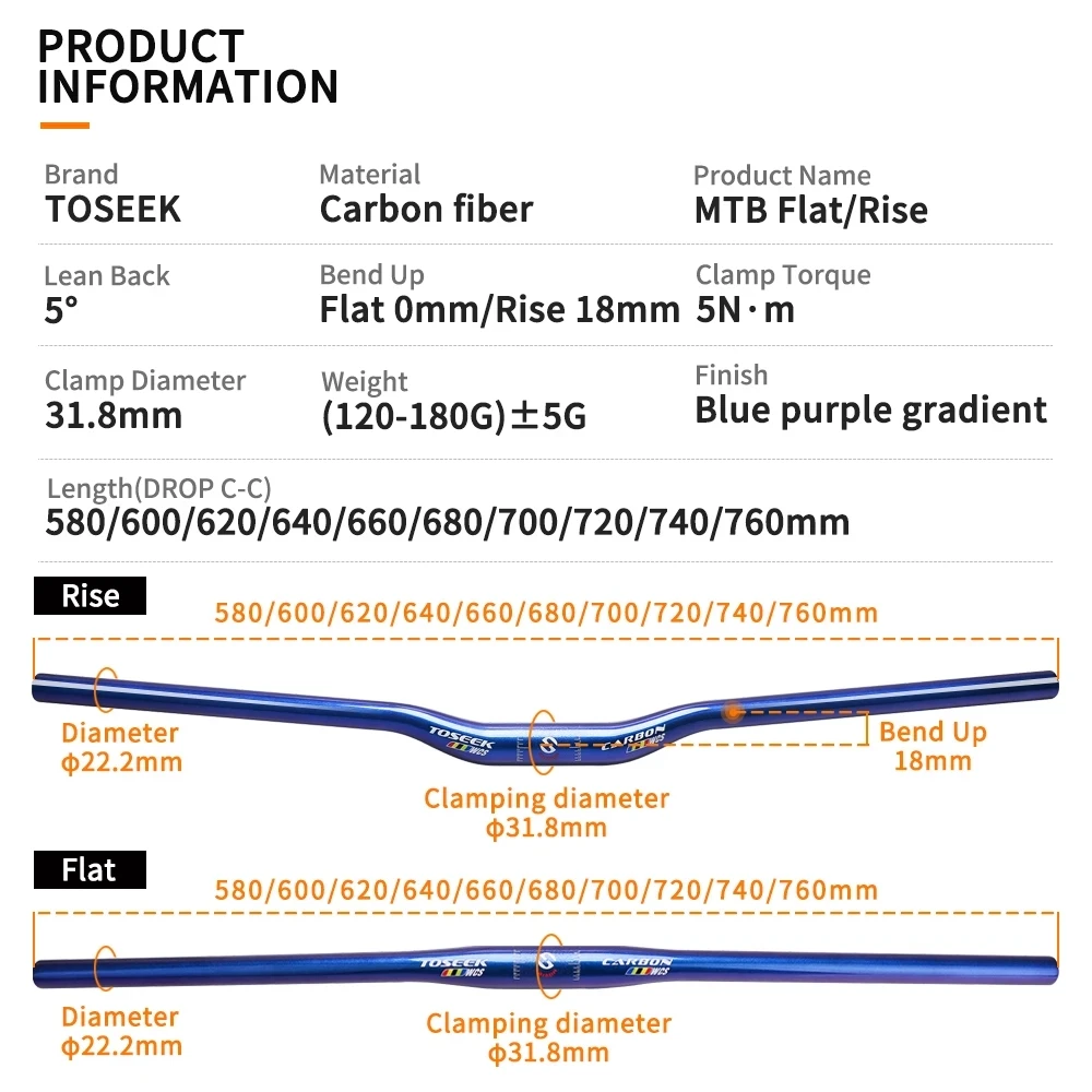 TOSEEK WCS Carbon Fiber Bike MTB Handlebar Mountain Bicycle Accessories For Stem Diameter 31.8mm Dazzle Blue To Purple