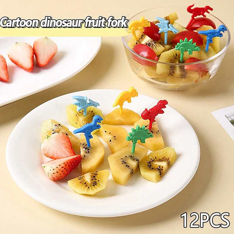 12 Pcs Cartoon Fruit Fork Cute Dinosaur Cupcake Top Decoration Food Appetizer Toothpicks Bento Box Accessories Cocktail Picks