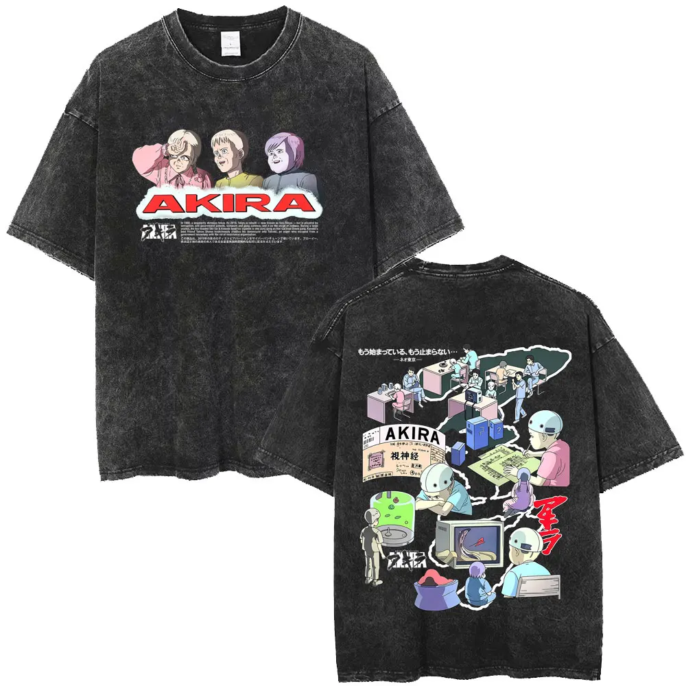 Japanese Science Fiction Cartoon Movie Anime Akira Shotaro Kaneda Washed Vintage T-shirt Men's Clothing Casual Oversized T Shirt